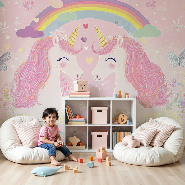 Papel pintado infantil | Unicornios y arco iris mágico