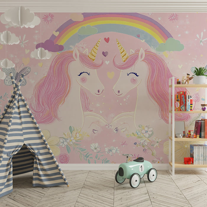 Papel pintado infantil | Unicornios y arco iris mágico