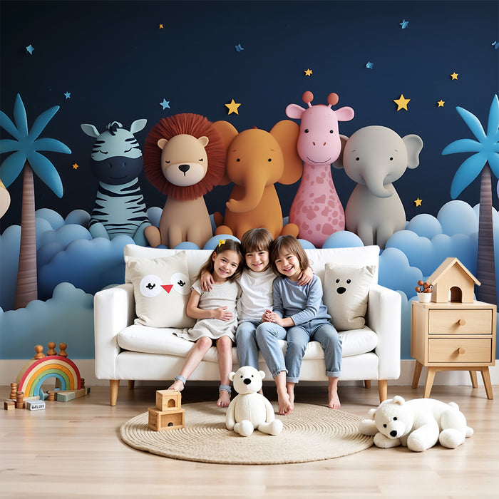 Babyzimmer Tapete | Safari-Tiere und nächtliche Sterne