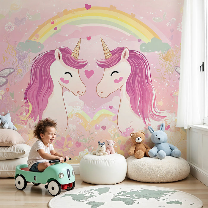 Papel pintado infantil | Unicornios mágicos y arco iris pastel