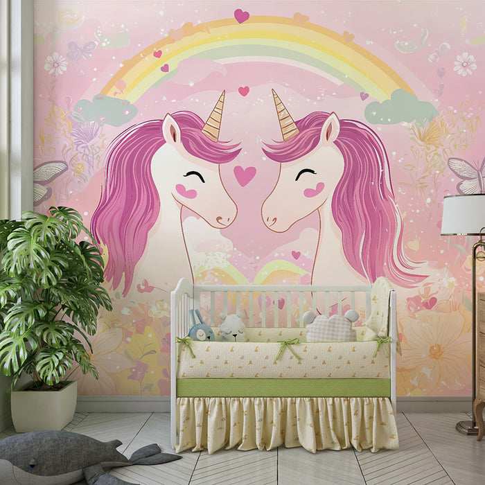 Papel pintado infantil | Unicornios mágicos y arco iris pastel