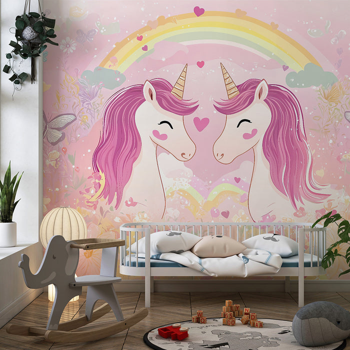 Papel pintado infantil | Unicornios mágicos y arco iris pastel