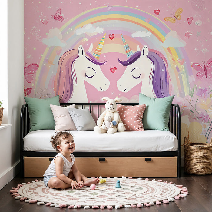 Papel pintado infantil | Unicornios soñadores y arco iris mágico