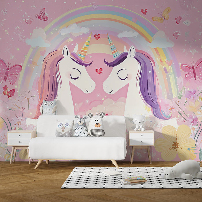 Papel pintado infantil | Unicornios soñadores y arco iris mágico