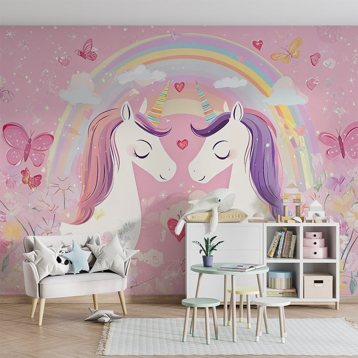 Papel pintado infantil | Unicornios soñadores y arco iris mágico