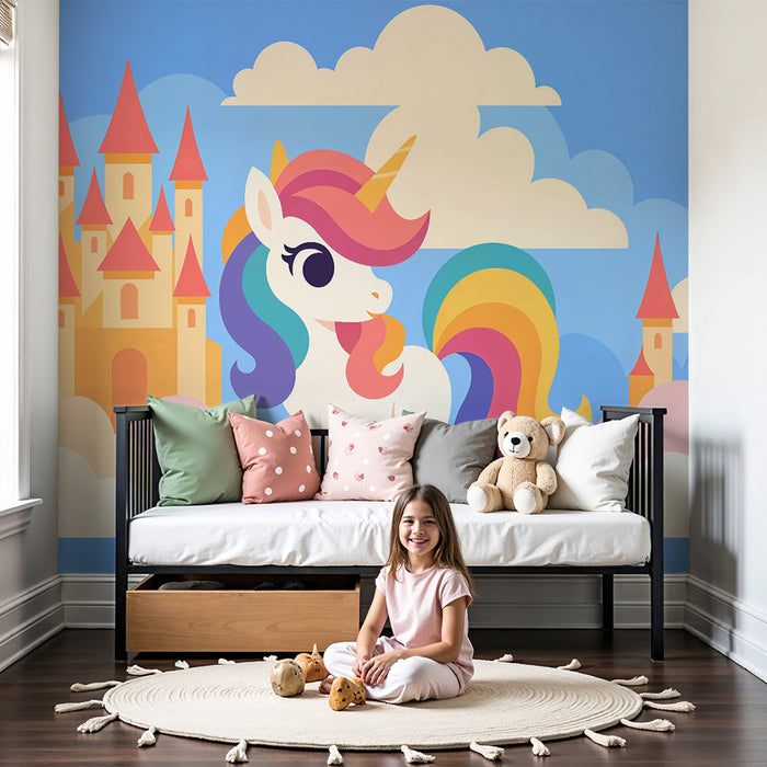 Papier peint chambre enfant | Licorne enchantée et château pastel