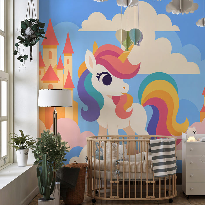 Papier peint chambre enfant | Licorne enchantée et château pastel