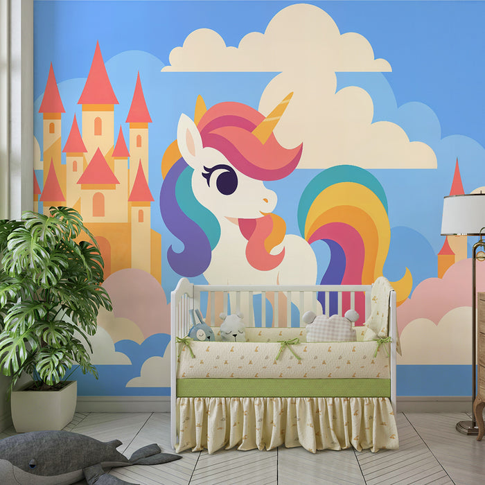 Papier peint chambre enfant | Licorne enchantée et château pastel