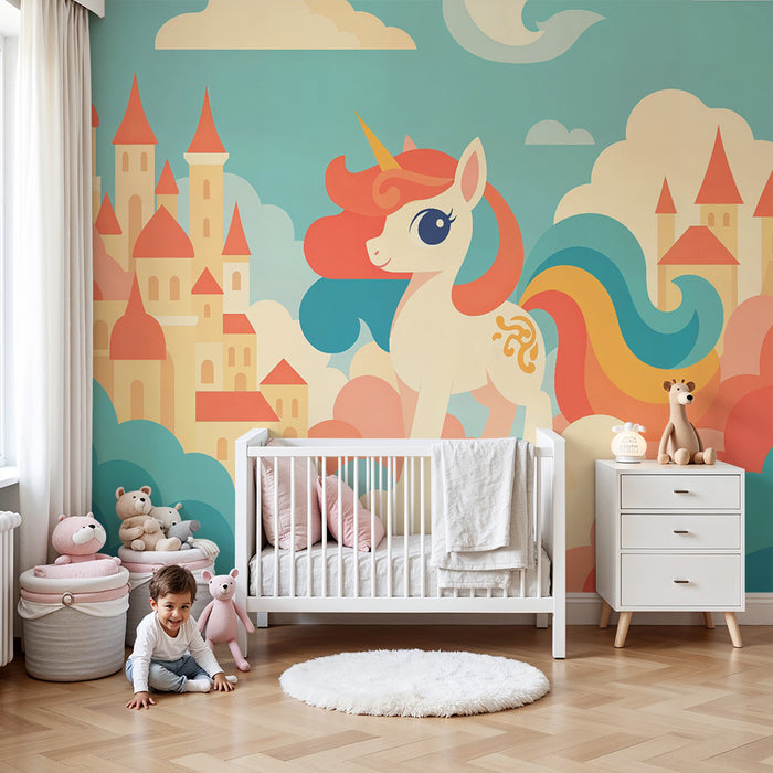 Papier peint chambre enfant | Licorne enchantée et château céleste