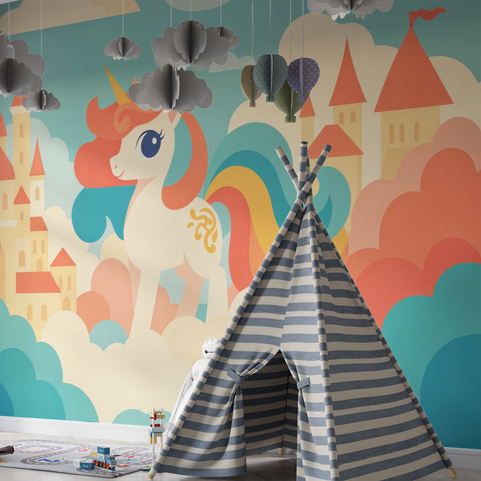 Papier peint chambre enfant | Licorne enchantée et château céleste