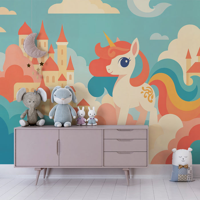 Papier peint chambre enfant | Licorne enchantée et château céleste