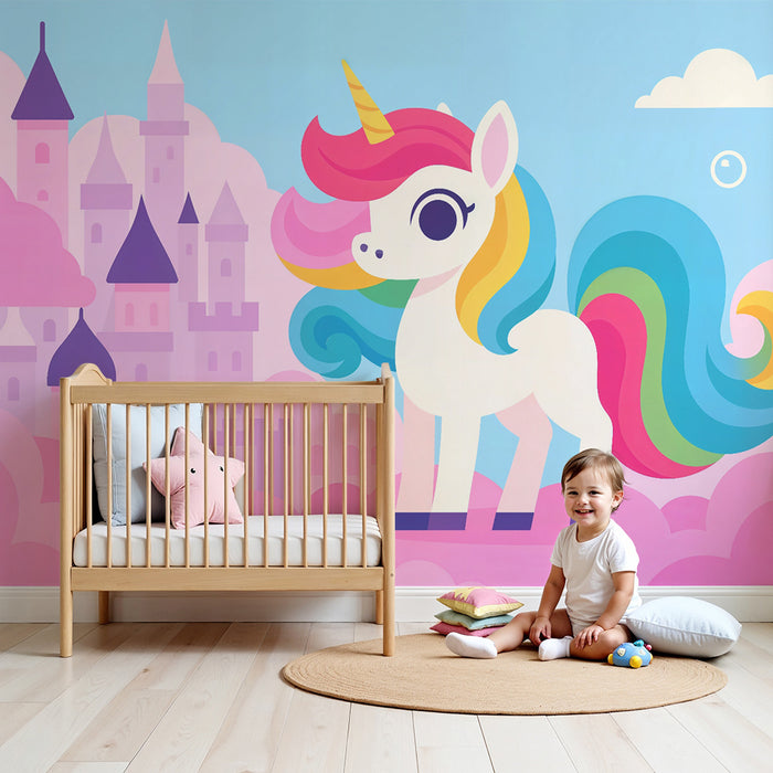 Papier peint chambre enfant | Licorne enchantée et châteaux pastel