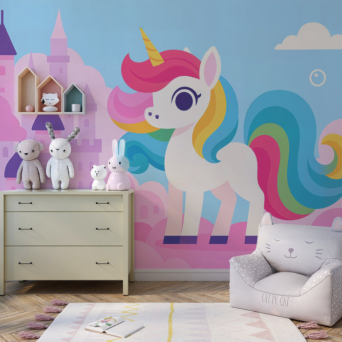 Papier peint chambre enfant | Licorne enchantée et châteaux pastel