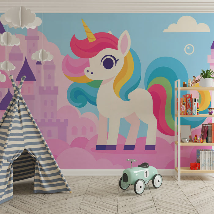 Papier peint chambre enfant | Licorne enchantée et châteaux pastel