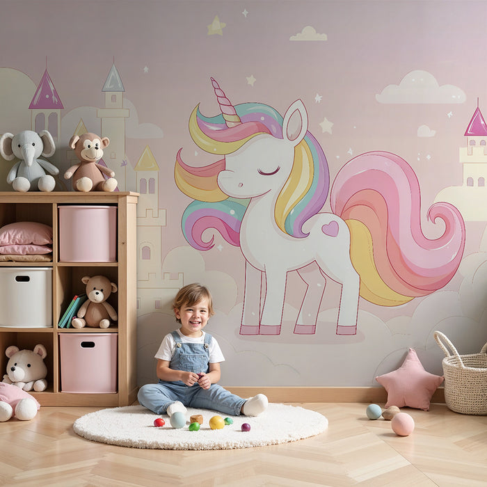 Lastenhuoneen tapetti | Lumottu linna ja vaaleanpunainen yksisarvinen