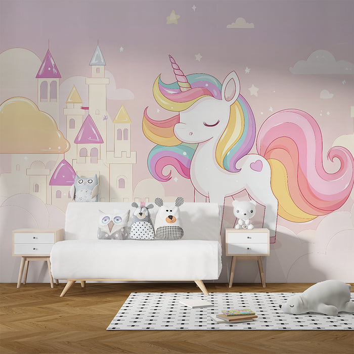 Lastenhuoneen tapetti | Lumottu linna ja vaaleanpunainen yksisarvinen