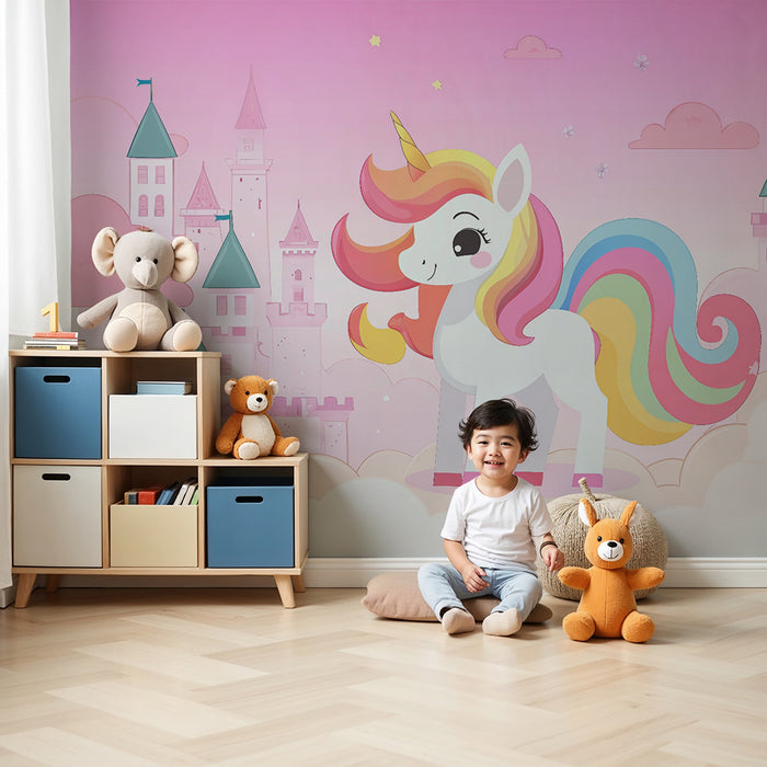 Papel pintado infantil | Unicornio encantado y castillo rosa
