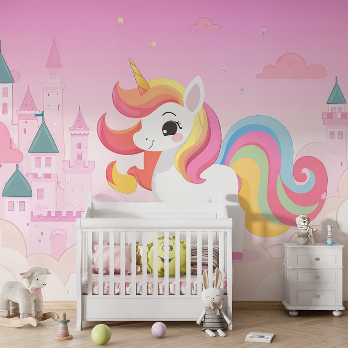 Papel pintado infantil | Unicornio encantado y castillo rosa