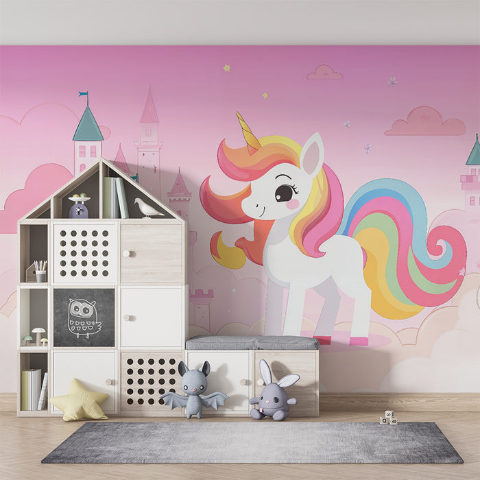 Papel pintado infantil | Unicornio encantado y castillo rosa