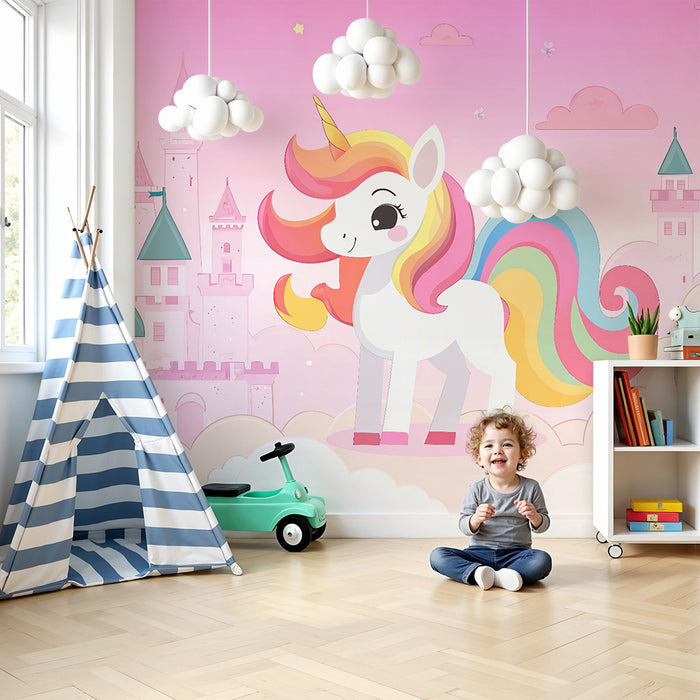 Papel pintado infantil | Unicornio encantado y castillo mágico rosa