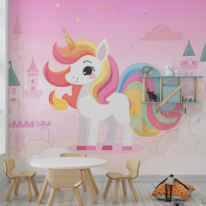 Papel pintado infantil | Unicornio encantado y castillo mágico rosa