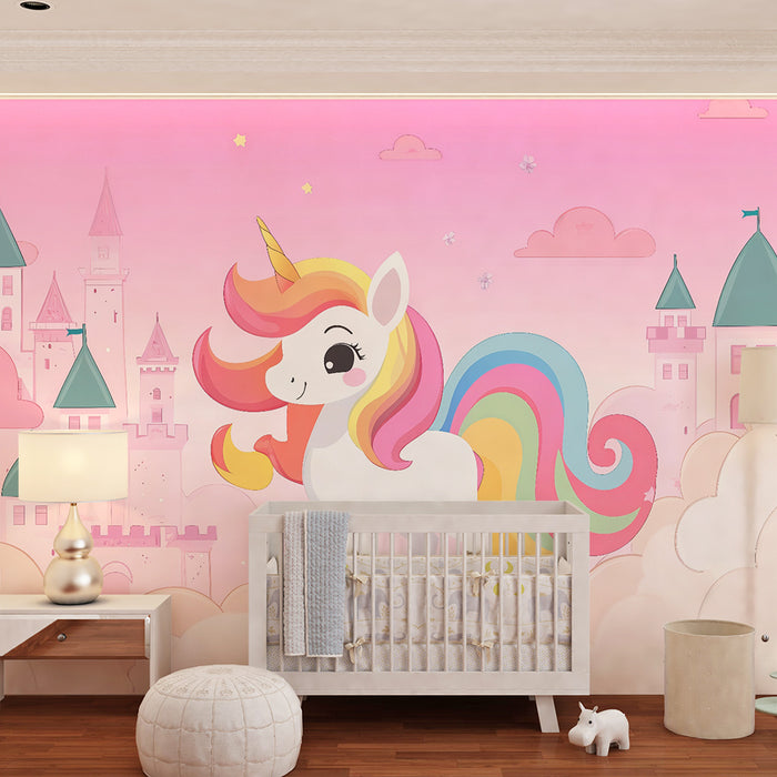 Papel pintado infantil | Unicornio encantado y castillo mágico rosa