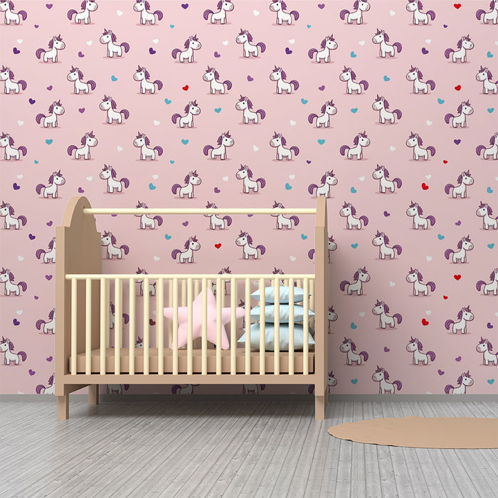 Lastenhuoneen tapetti | Yksisarvisia ja vaaleanpunaisia sydämiä