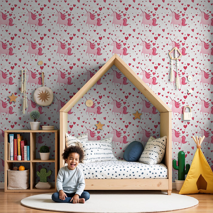 Lastenhuoneen tapetti | Vaaleanpunaiset yksisarviset ja sydämet