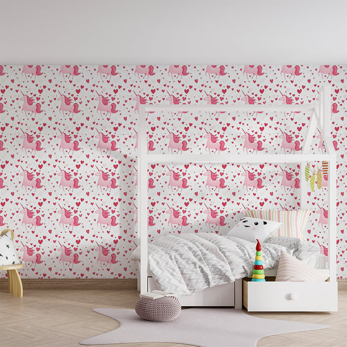 Lastenhuoneen tapetti | Vaaleanpunaiset yksisarviset ja sydämet