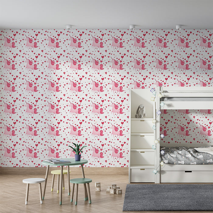 Lastenhuoneen tapetti | Vaaleanpunaiset yksisarviset ja sydämet