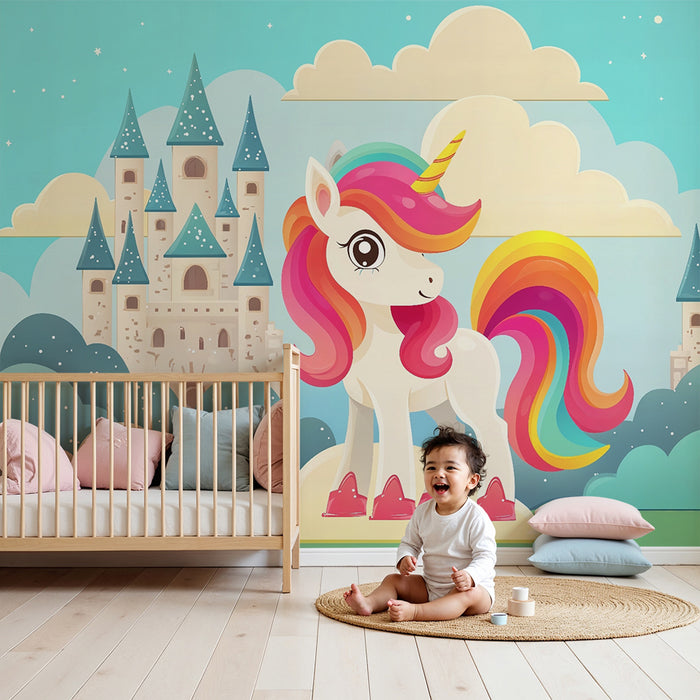 Papel pintado infantil | Unicornio mágico y castillo encantado