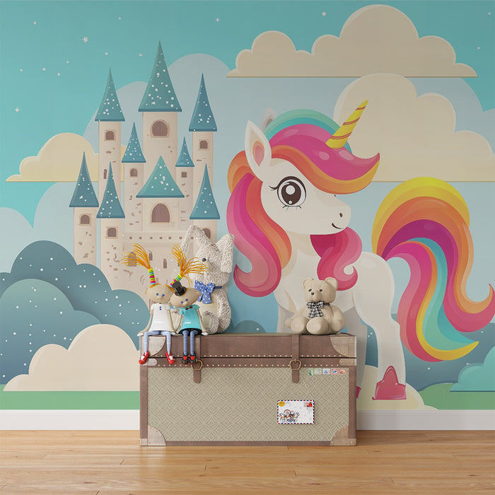 Papel pintado infantil | Unicornio mágico y castillo encantado