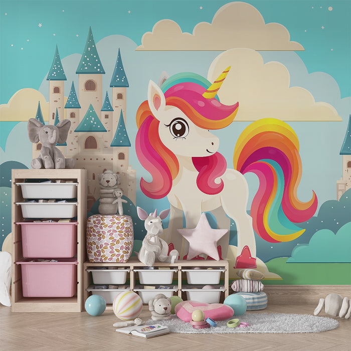 Papel pintado infantil | Unicornio mágico y castillo encantado