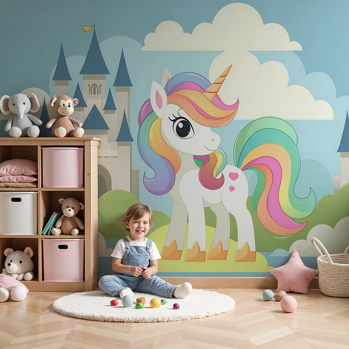 Papel pintado infantil | Castillo mágico y unicornio arcoíris