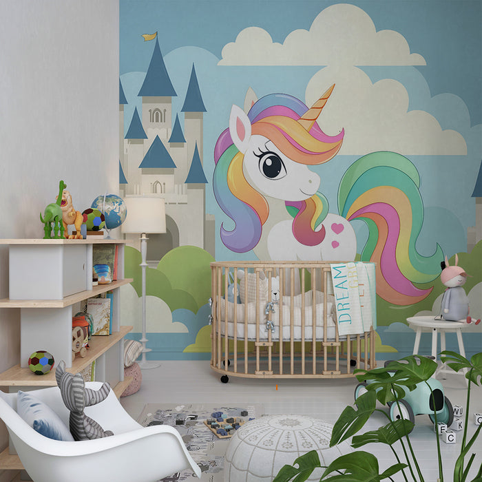 Papel pintado infantil | Castillo mágico y unicornio arcoíris