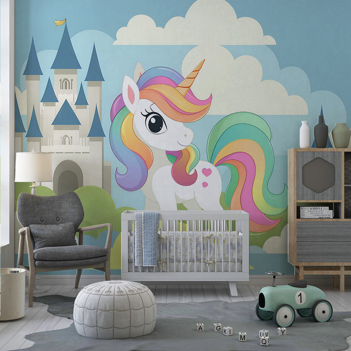Papel pintado infantil | Castillo mágico y unicornio arcoíris