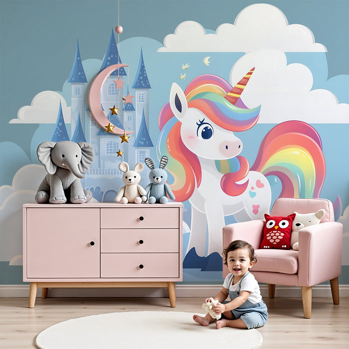 Papel pintado infantil | Unicornio arcoíris y castillo encantado