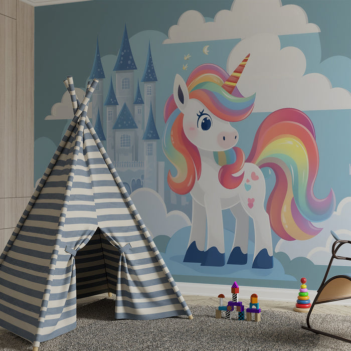 Papel pintado infantil | Unicornio arcoíris y castillo encantado