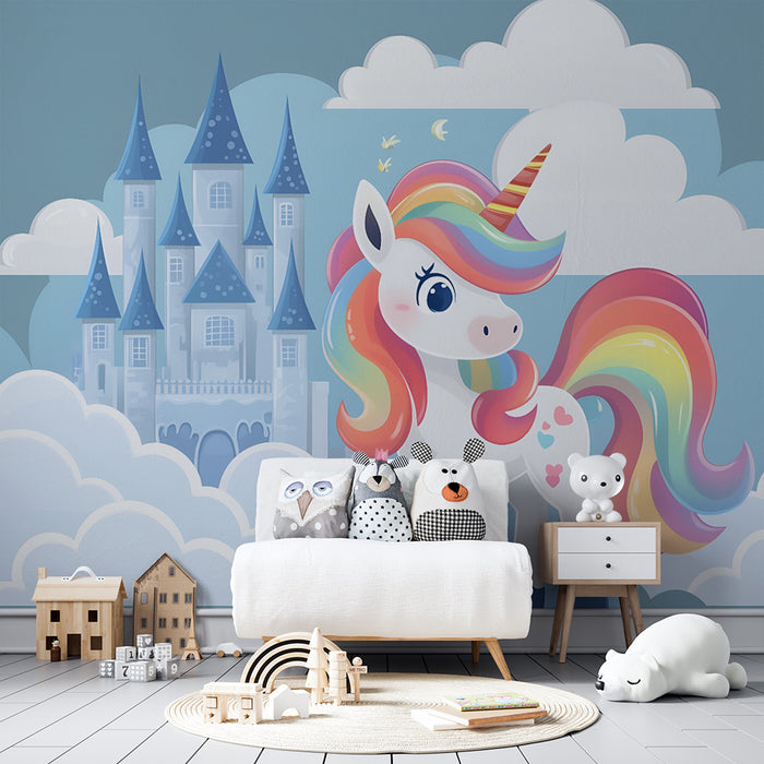 Papel pintado infantil | Unicornio arcoíris y castillo encantado