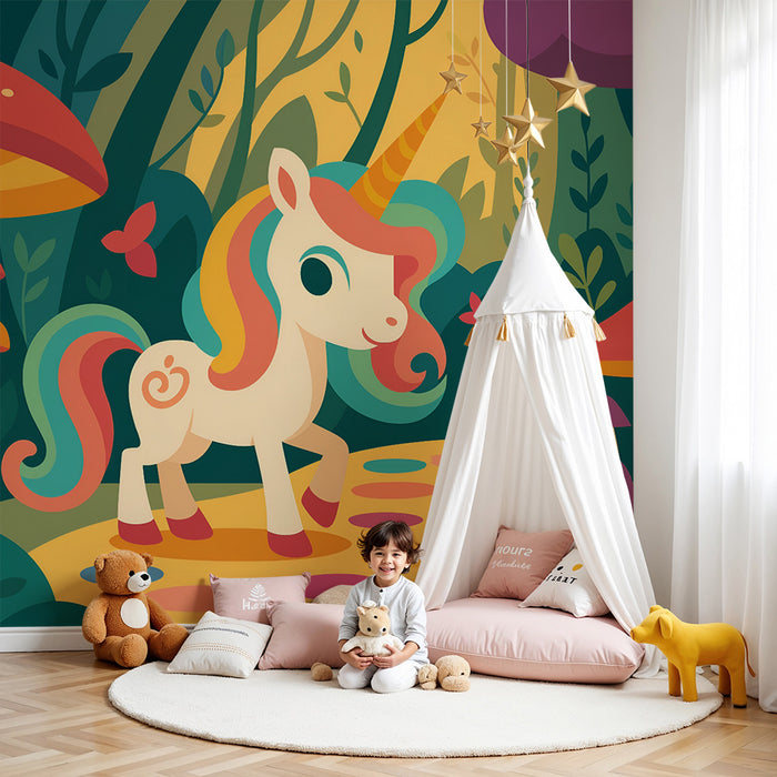 Tapet barnerom | Forhekset enhjørning og fargerike pastellfargede sommerfugler