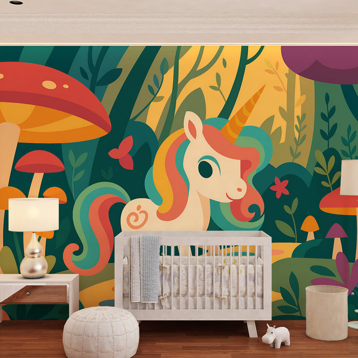 Tapet barnerom | Forhekset enhjørning og fargerike pastellfargede sommerfugler