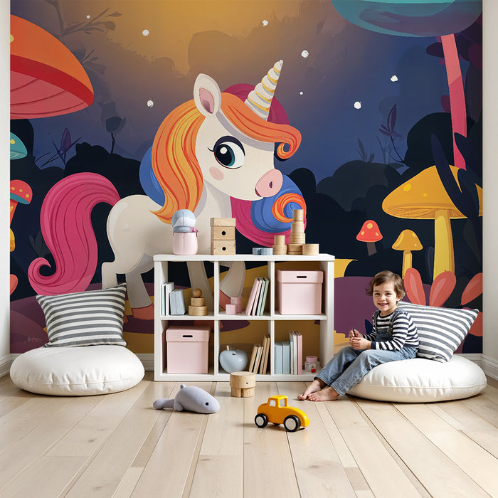 Papier peint chambre enfant | Licorne enchantée et champignons féériques