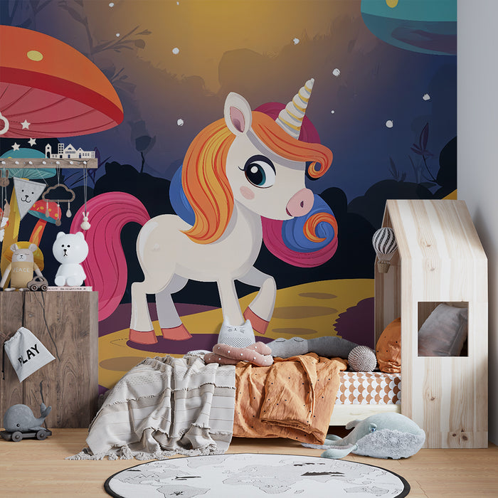 Papier peint chambre enfant | Licorne enchantée et champignons féériques