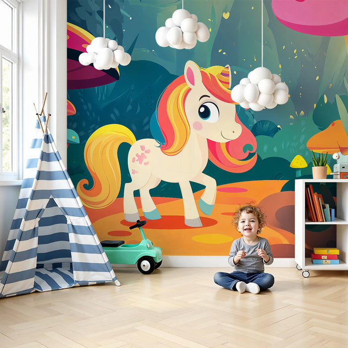 Tapet barnerom | Forhekset enhjørning og magisk flerfarget skog