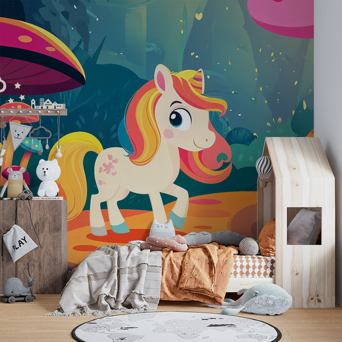 Tapet barnerom | Forhekset enhjørning og magisk flerfarget skog