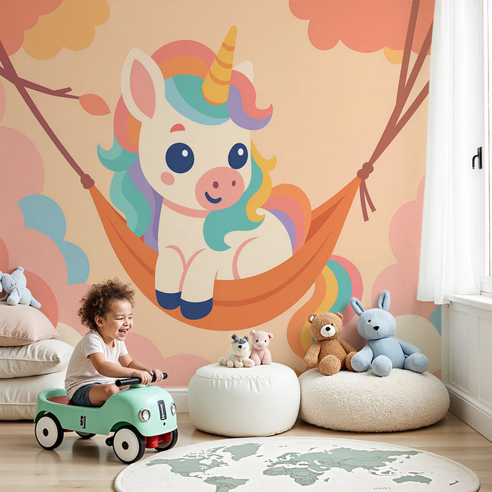 Детска стая тапет | Еднорог на люлка и пастелни облаци