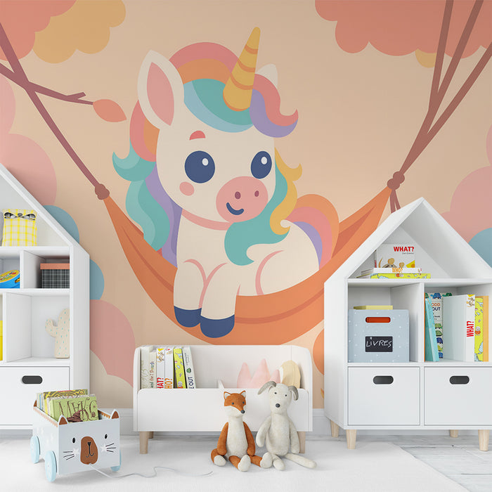 Детска стая тапет | Еднорог на люлка и пастелни облаци