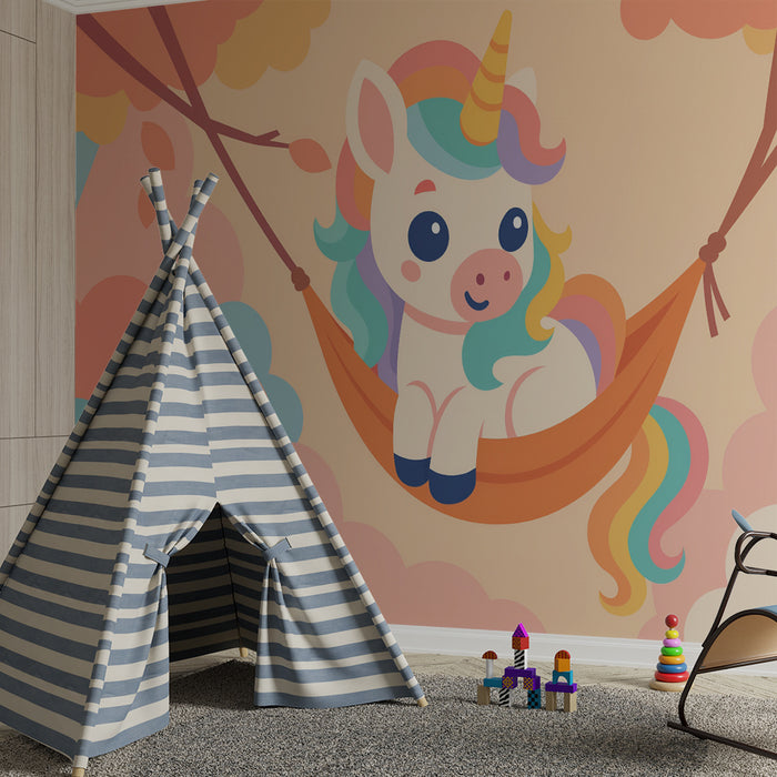 Детска стая тапет | Еднорог на люлка и пастелни облаци