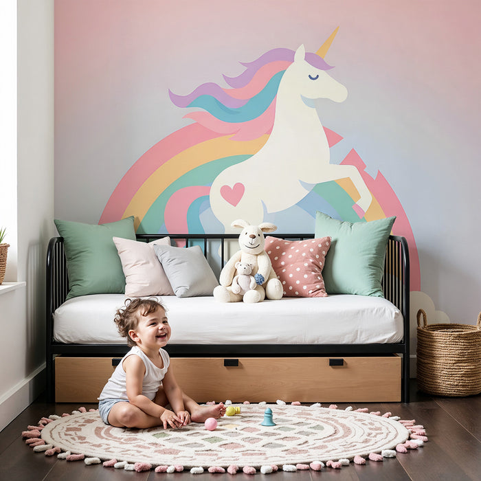 Papel pintado infantil | Unicornio encantado y arco iris pastel