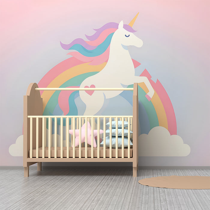 Papel pintado infantil | Unicornio encantado y arco iris pastel